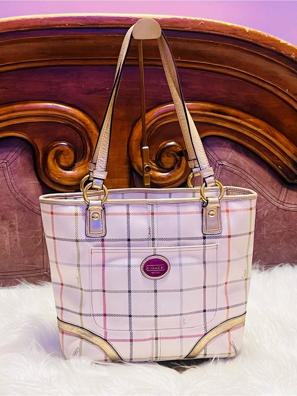 COACH Heritage Tattersall  off white  plaid shoulder bag